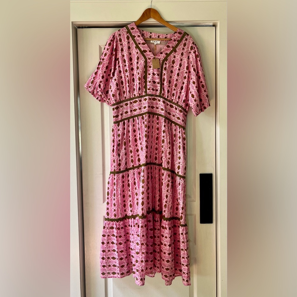 THML Block Print Midi Cotton Dress w/lining (Pink/Green) Size L $116 NWT